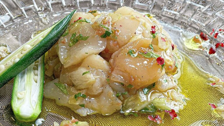 【ホタテのカルパッチョ　梅肉ソース】小ぶりのホタテ貝柱を特製梅肉ソースでマリネ【前菜】【簡単おつまみ】【ホタテレシピ】