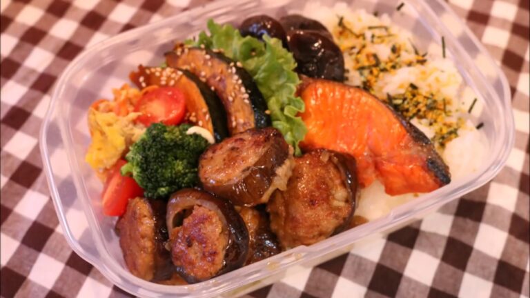 【夫のお弁当】＃40「鮭弁当」茄子の簡単肉詰め~bento