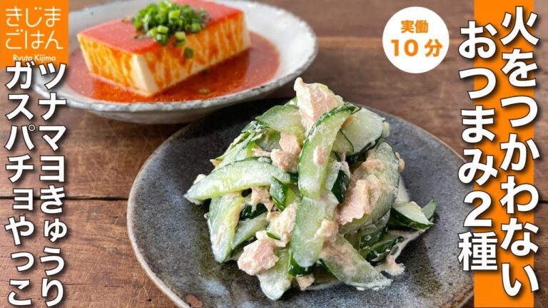 火を使わないヘルシーおつまみ2種 ガスパッチョひややっこ キュウリのツナマヨサラダ【ツナキュウ＋ガスパチョやっこ】