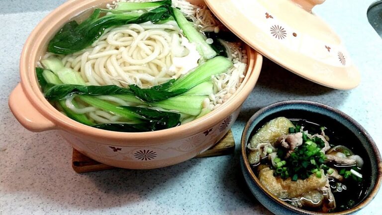 肉うどん！つけダレにつけてサッパリと…お肉の旨味が～油揚げ・ちんげん菜・豚肉・ネギ【簡単家庭料理】