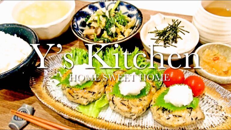 【夜ごはん】ひじきバーグ＆しめじとほうれん草の炒めもの＆とろろご飯＆冬瓜の中華スープ