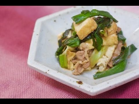 簡単家飯♪春が旬♪うまうま葉玉ねぎと豚肉、厚揚げの炒めの作り方♪ How to make Japanese Stir-fried Spring Onion Leaf & pork,tofu