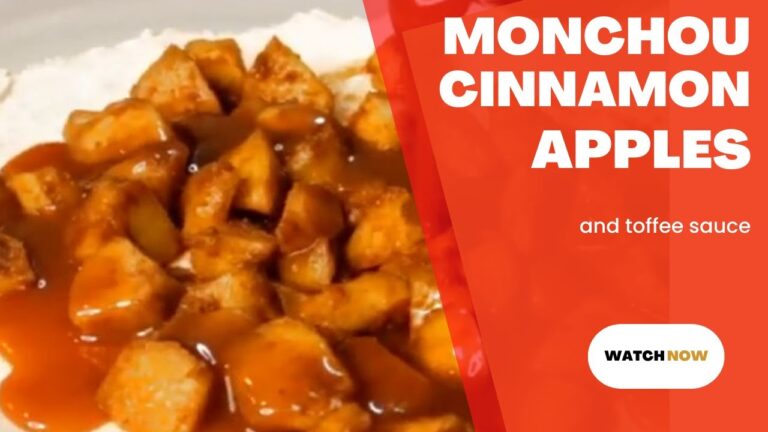 Super tasty monchou pie with a topping of cinnamon apples and toffee sauce