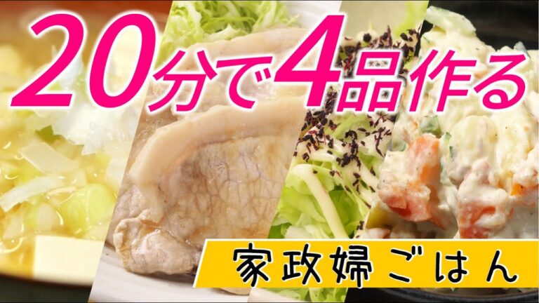 20分で4品作る！家政婦ごはん/しょうが焼き、付け合わせのキャベツ、ポテトサラダ、豆腐とねぎの味噌汁