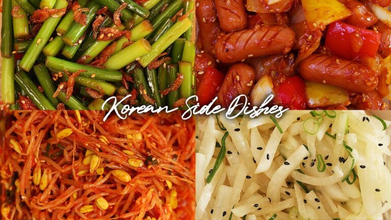 韓国のおうちおかず4品のレシピ :: にんにくの芽炒め :: 大根ナムル:: ピリ辛豆もやしナムル :: ソーセージ野菜炒め ::