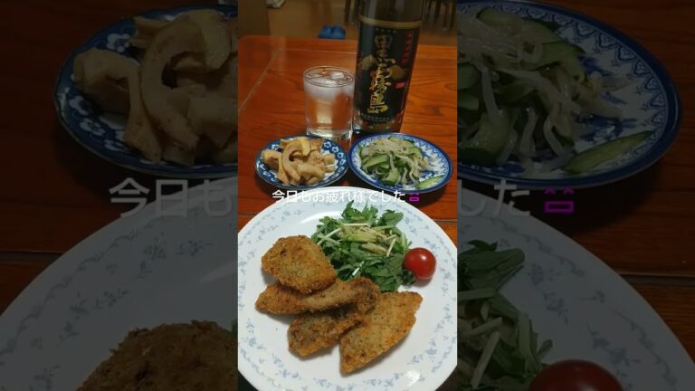 今日もお疲れ様でした😄魚の磯辺フライとたけのこの味噌炒め、きゅうりともやしの和え物、黒霧島で乾杯🍶😄