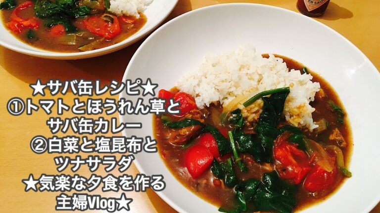 ⭐︎サバ缶使った⭐︎①トマトとほうれん草のサバ缶カレー②白菜とツナの塩昆布サラダ献立⭐︎気楽に夕食を作る主婦Vlog⭐︎
