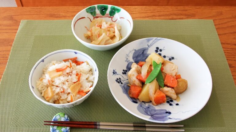 【しょうが香るたけのこご飯】【ごまみそ鶏じゃが】【春キャベツと桜えびのお浸し】3月メニュー