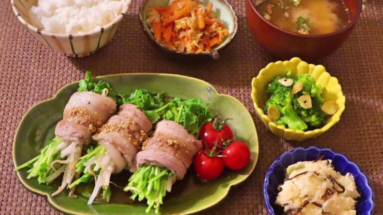 【料理】豆苗ともやしの肉巻き・クリームチーズと塩昆布のポテトサラダ・ブロッコリーのニンニク炒め・人参しりしり