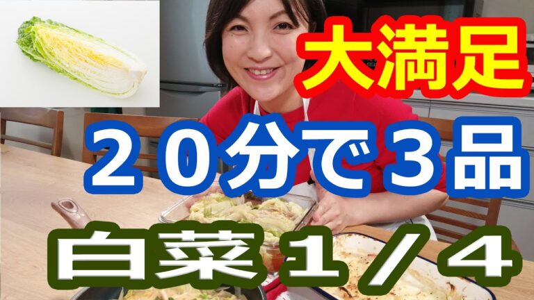 白菜１／４コ・20分で３品！1人150円のレンジで簡単夕食ヘルシオレシピ【①豚バラ白菜ミルフィーユ②白菜のグラタン③白菜のめんつゆ卵とじ】阪下千恵