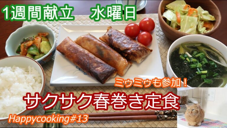 【1週間献立シリーズ】水曜日の夕食！春巻き定食♪油は少量でサクサクに揚げる作り方☆猫も料理に参加♡Happycooking#13