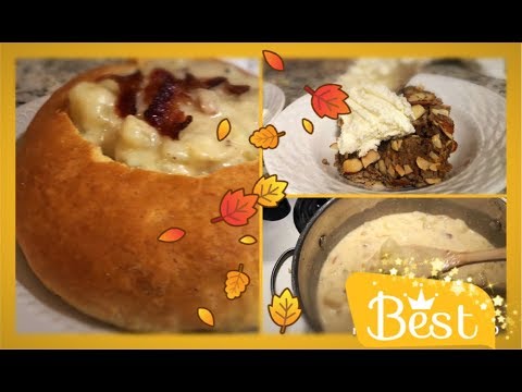 *FALL DINNER MENU- Bread Bowls- Bacon Potato Chowder- Pumpkin Crunch Cake *