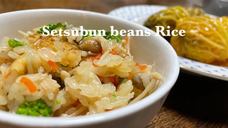 節分の余った豆を使って炊き込みご飯を作りました🌽🥜：ロールキャベツも一緒に、、タンパク質たくさん摂れてヘルシー！