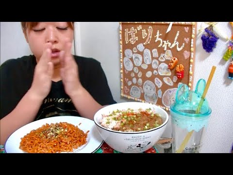 【ジャンク飯】ツナマヨねぎ納豆丼と激辛プルダックミニの温玉乗せ【炭水化物】