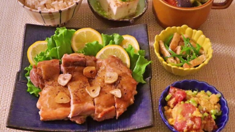【料理】レモンチキンソテー・ピーマンと油揚げのポン酢和え・トマトと卵のオイスター炒め・ラタトゥイユ
