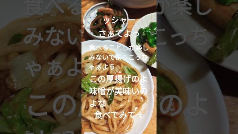 めし　たまねぎドレサラダ　焼きうどん　厚揚げ味噌のっけ　こんにゃくピーマン煮