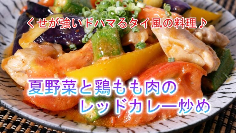 夏野菜と鶏もも肉のレッドカレー炒めの作り方　くせが強いドハマるタイ風の料理♪