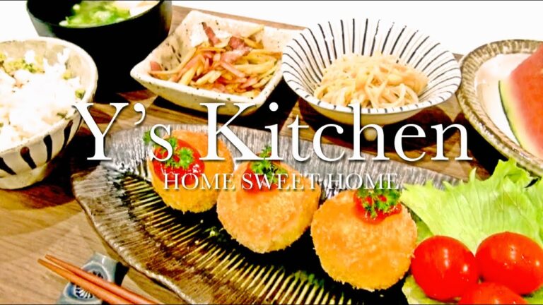 【夜ごはん】海老カツ＆ジャガイモベーコン＆豆腐とワカメの味噌汁＆スイカ