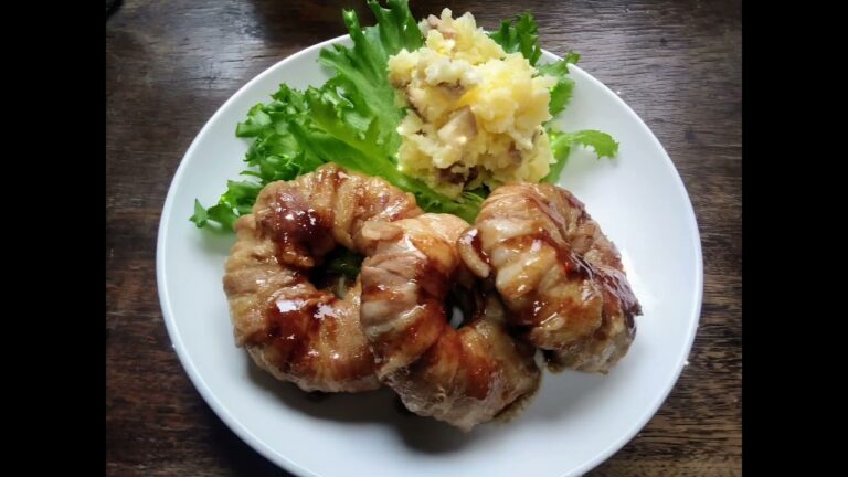 @トンdeリング(新玉ねぎの肉巻き)といぶりがっこポテサラ