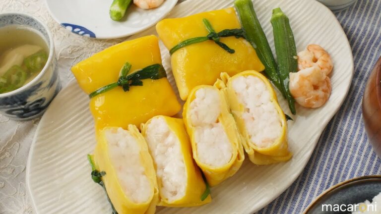 【薄焼き卵で包む】 もっちり えび 団子の 茶巾 包み のレシピ 作り方