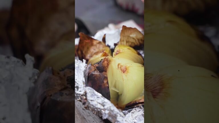 玉ねぎのホイル焼き ／十時に切れ込みを入れ、アルミホイルに包み焚き火で20〜30分。鰹節、バター、醤油で召し上がれ🫶 #キャンプ飯 #キャンプ #焚き火 #camping #料理