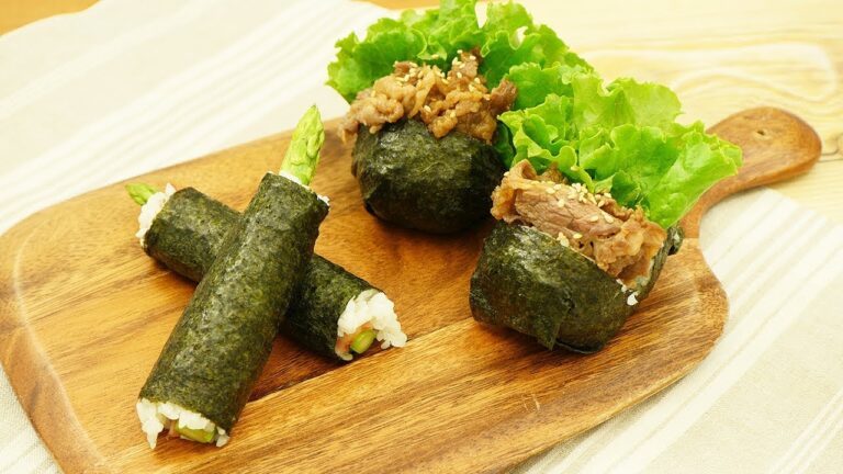 焼き肉サラダパッカンおにぎり＆グリーンアスパラガスとベーコンのスティックおにぎり