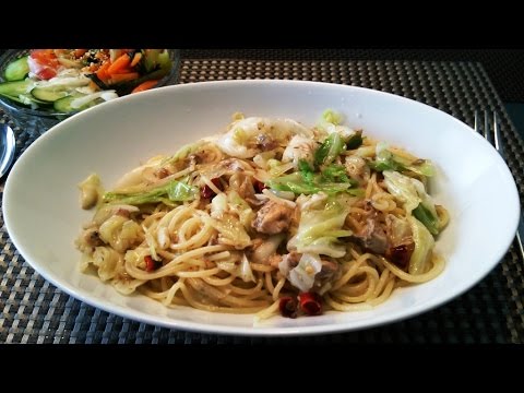 超簡単　サバ缶とキャベツのペペロンチーノ