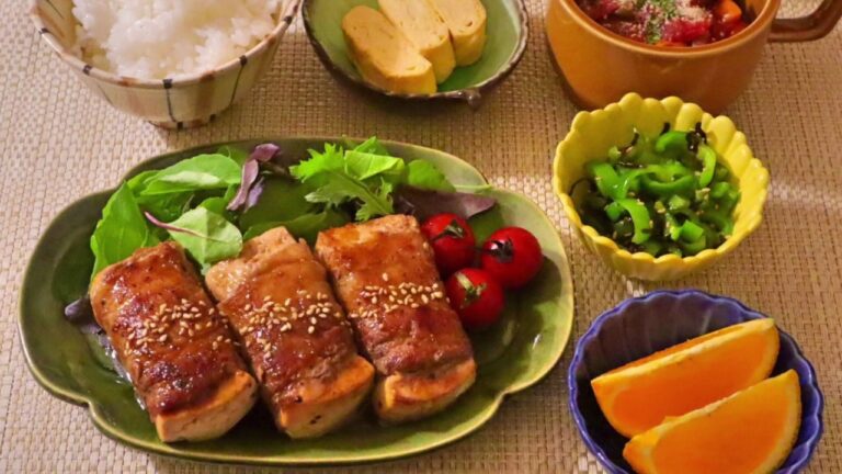 【料理】豆腐の肉巻き・ラタトゥイユ・ピーマンの塩昆布和え・玉子焼き
