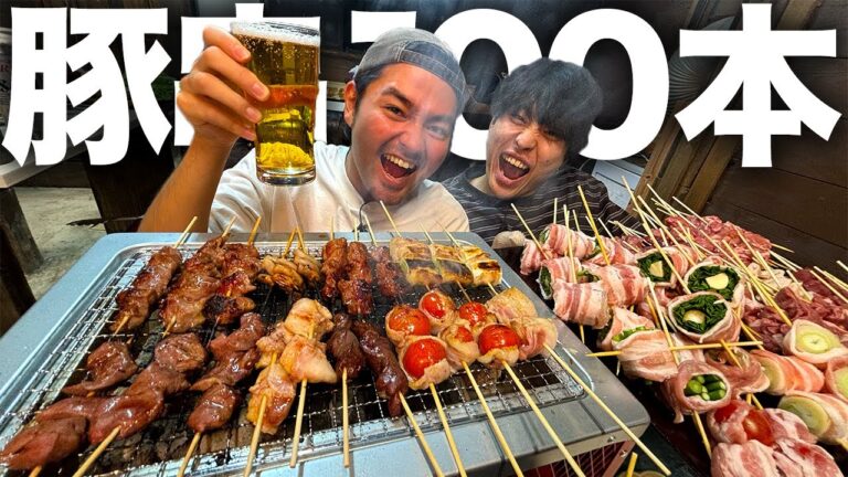 【爆食】豚肉ホルモンとカシラで豚串100本作って大食い対決再び！炭火焼きモツ串とビールで革命が起きました💪