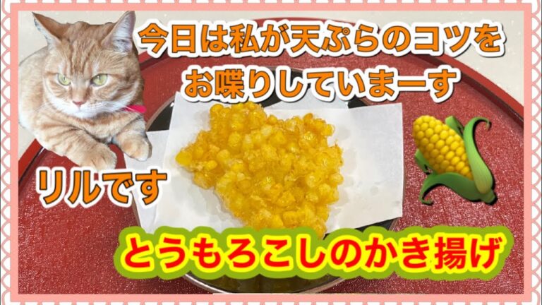 【看板猫リルがお喋りして、天ぷらのコツをご紹介】とうもろこしのかき揚げ