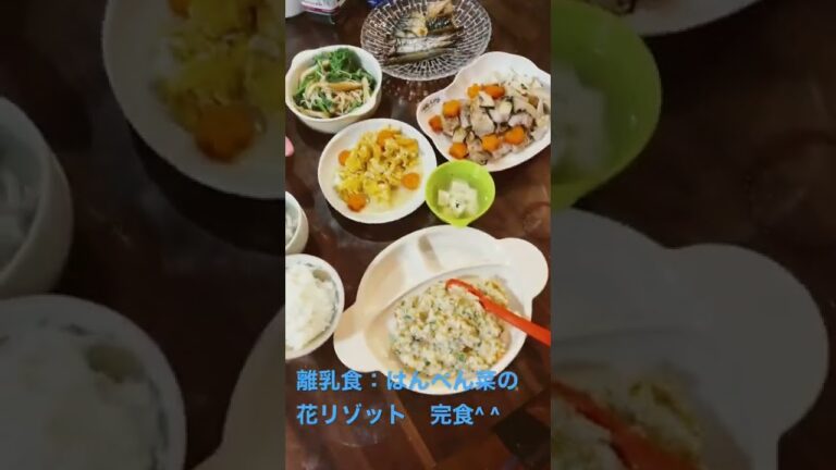 220223晩ご飯：魚塩焼き、肉ソテー🥩、菜の花とえのき和え、卵と干し小海老、しめじ豆腐味噌汁。11ヶ月赤ちゃんの離乳食：はんぺんと菜の花のリゾット、薄味豆腐味噌汁。全部完食でした^ ^。