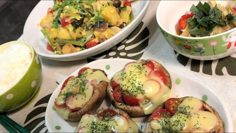男　料理　椎茸とトマトのガーリックチーズ焼き / 大根トマトサラダ / 残り野菜のトマト炒め　藤原クッキング37