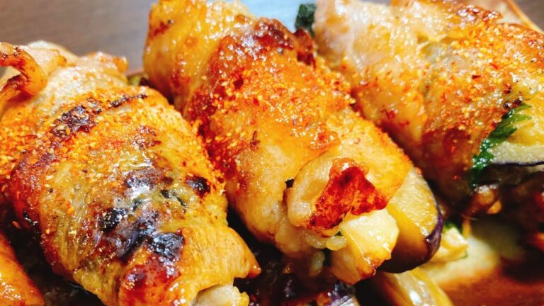 【絶品おつまみ】ただ巻いて焼くだけで超旨い‼お酒とご飯が鬼すすむ♪『茄子とエリンギの豚シソ巻き』Garlic butter soy sauce Pork shiso roll