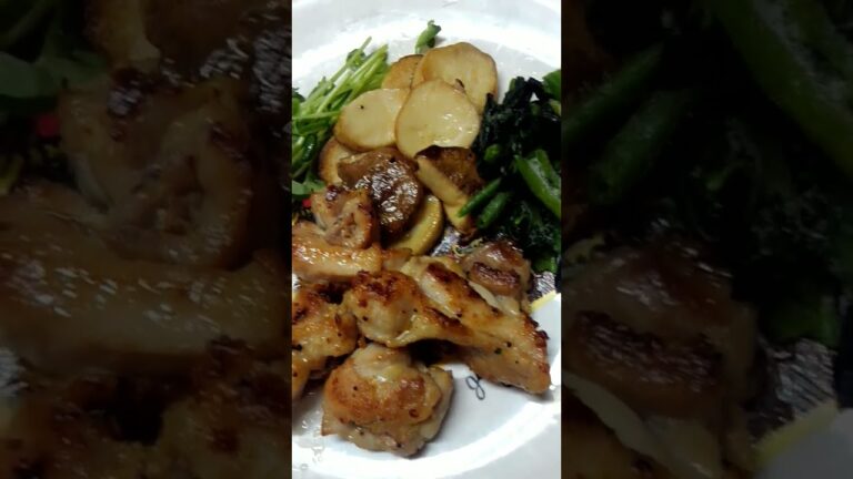 鶏モモ肉ガーリック炒め。エリンギの輪切り、ほうれん草。