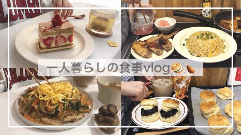 一人暮らしの食事vlog🥯🍗/腹割れスコーンとチャプチェを作って食べる/手羽先の塩焼き、ネギ炒飯、いちごのケーキ