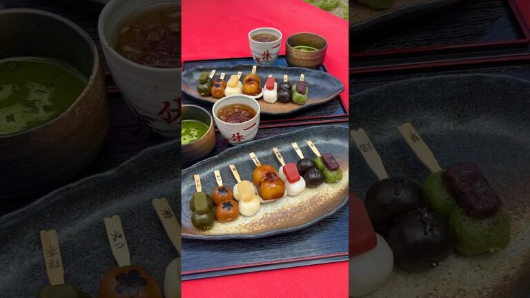 春は桜、秋は紅葉を眺めながら楽しめるお団子セット🍡七味やトマト餡など珍しい味もあった！#shorts #京都 #japanesefood #japan #kyoto #mochi