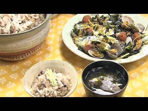 アジとアサリの酒蒸し　鯛めし　鯛のアラ汁