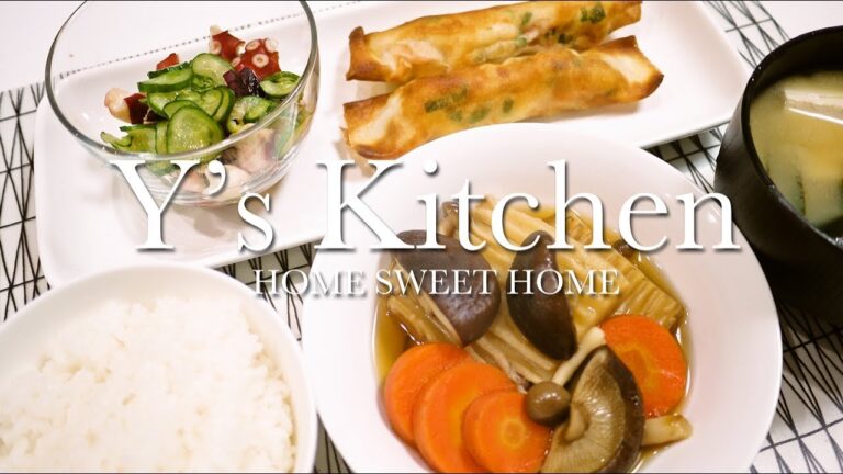 【料理】海老プリプリ春巻き＆角麩の煮物＆タコとキュウリの酢の物