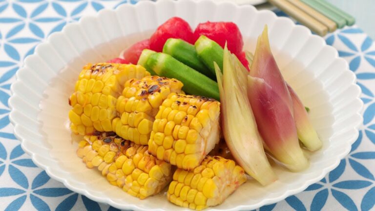 焼きもろこしと夏野菜の冷製だし浸し
