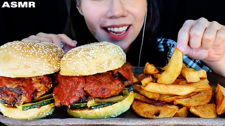 ASMR HOMEMADE FRIED CHICKEN SPICY BURGER & FRIES | EATING SOUNDS | NO TALKING MUKBANG