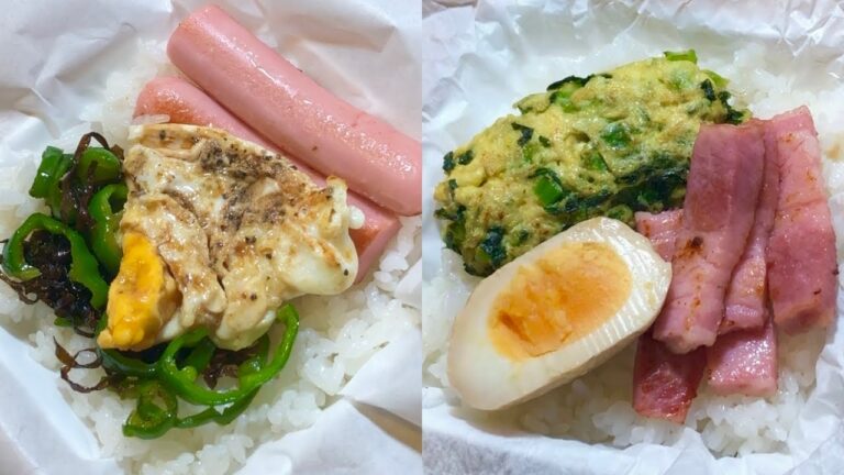 【むーの弁当おにぎり】魚肉ソーセージピーマン塩昆布目玉焼き小松菜たまごベーコン味玉おにぎり