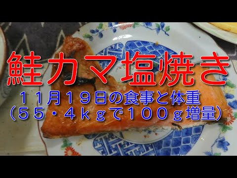 鮭カマ塩焼き：１１月１９日の食事と体重（５５・４ｋｇで１００ｇ増量）