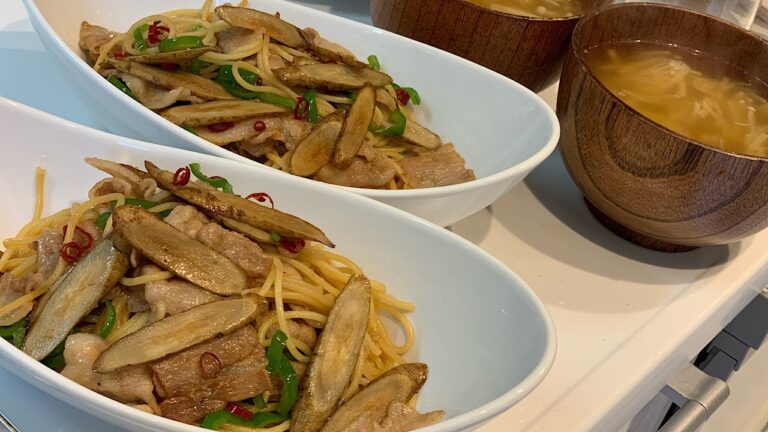 【料理 No 13 】豚肉とごぼうのピリ辛和風パスタ【パスタランチ】