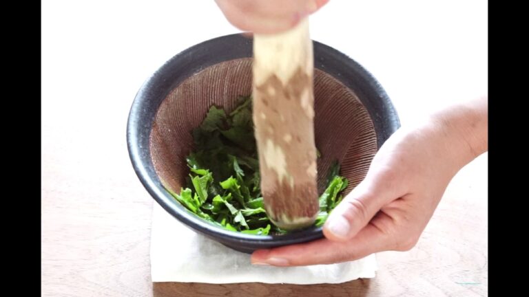 すり鉢で大葉をする　Grinding shiso〔Japanese basil〕 with Sruribachi（Japanese mortar）.