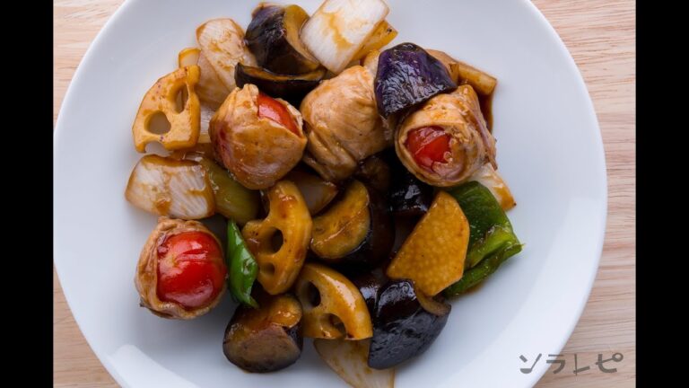 数秒でわかる「肉巻きトマトの黒酢豚」の作り方