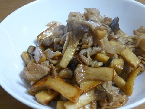 【レシピ】エリンギと豚バラ肉のタレ炒めの作り方　How to make fried pork and king oyster mushrooms