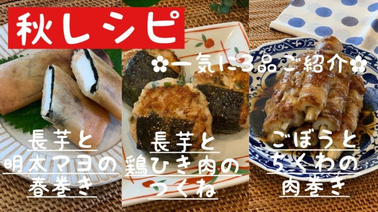【秋レシピ】夜ご飯レシピ3品！長芋と明太マヨの春巻き！長芋と鶏ひき肉のつくね！ゴボウとちくわの肉巻き！！