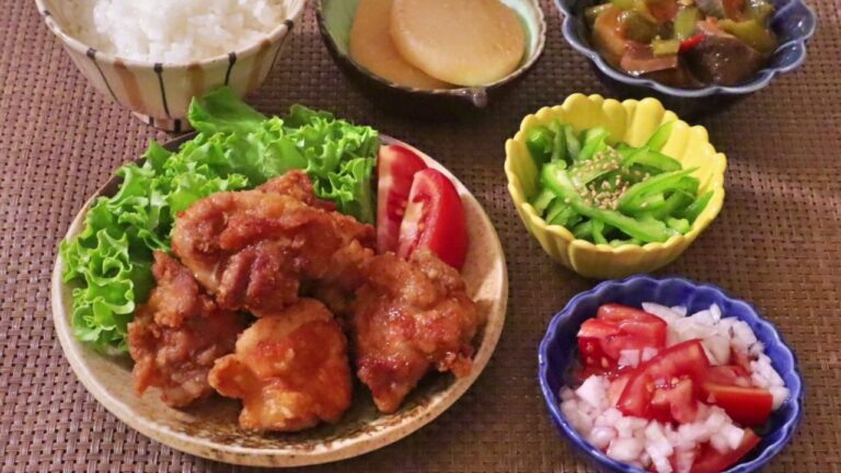 【料理】鶏の唐揚げ・トマトと新玉ねぎのマリネ・ピーマンのナムル