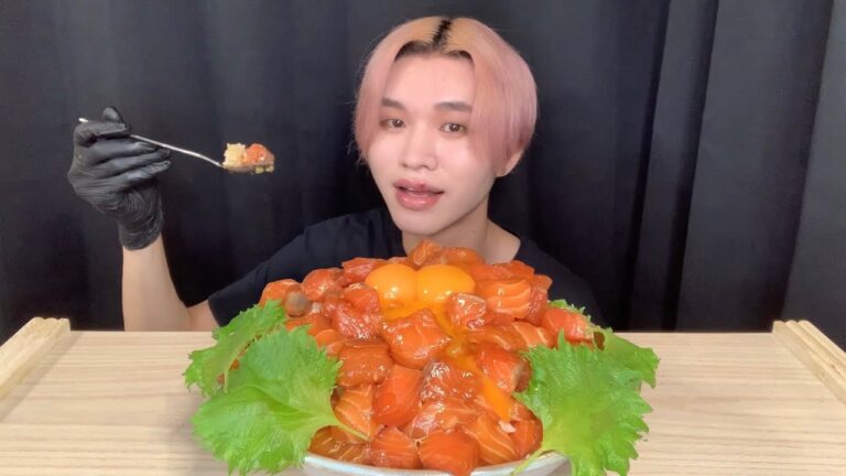 ASMR サーモン漬け丼【日本語字幕】【咀嚼音/Mukbang/Eating Sounds】