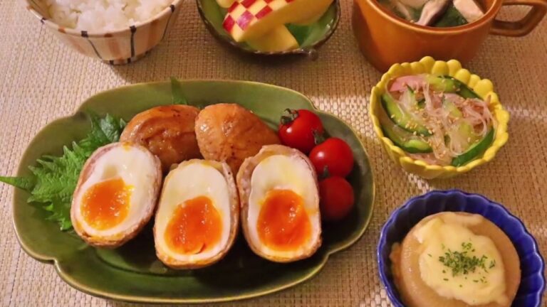 【料理】ゆで卵の肉巻き・青梗菜と豆腐と椎茸の中華スープ・春雨サラダ・大根ステーキ